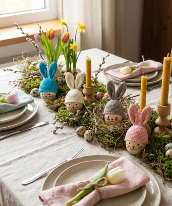 Velykiniai mediniai kiaušiniai su nertom zuikio kepurytėm