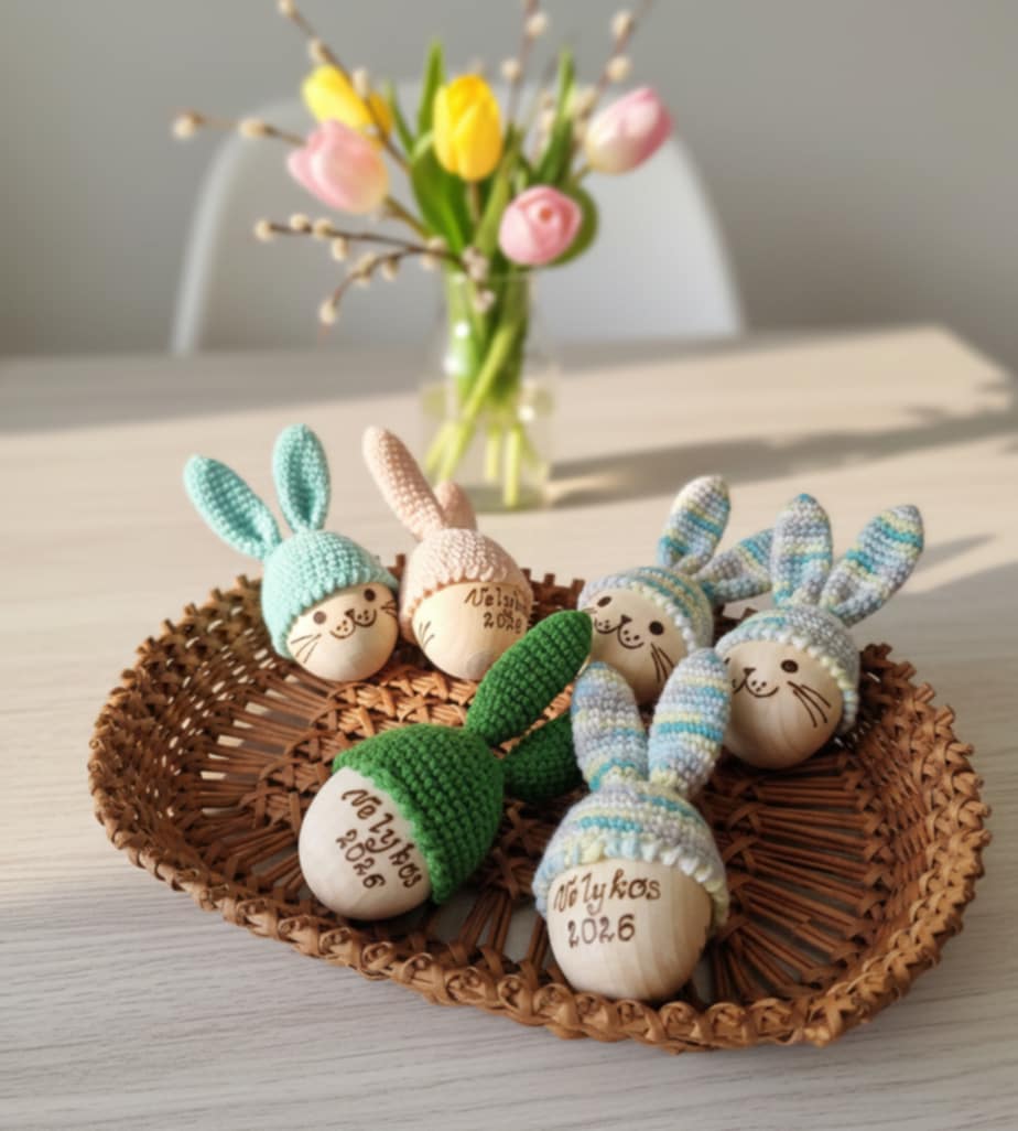 Velykiniai mediniai kiaušiniai (dekoras - nerta vąšeliu, pirografija)